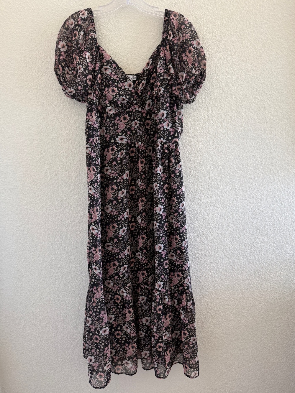 Black Tiered Maxi Dress with Puff Sleeves in Pink, Yellow and White Floral Print